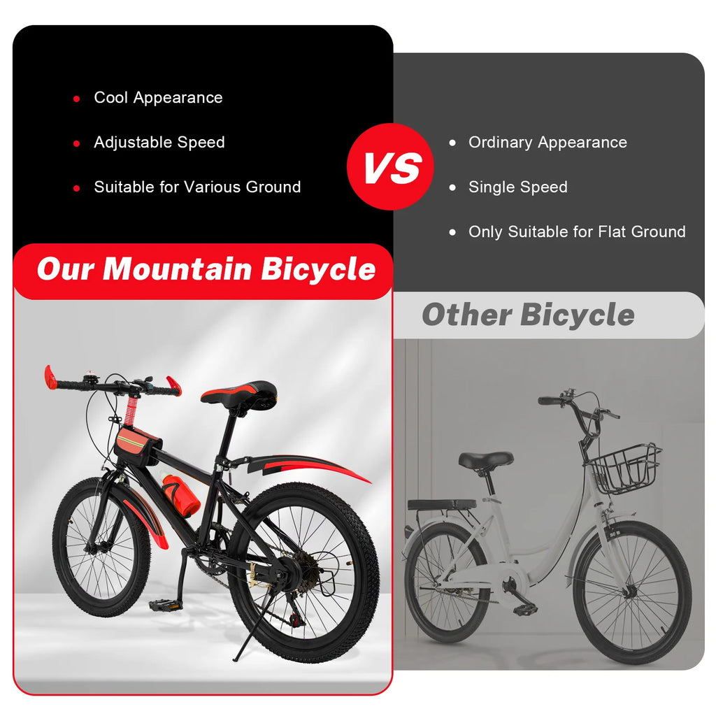 20 Inch Kids Bike Children Bicycle for Boys Girls Ages 8-12 Years Old, MTB Mountain Bike 7 Speed City Bike, GREEB/RED