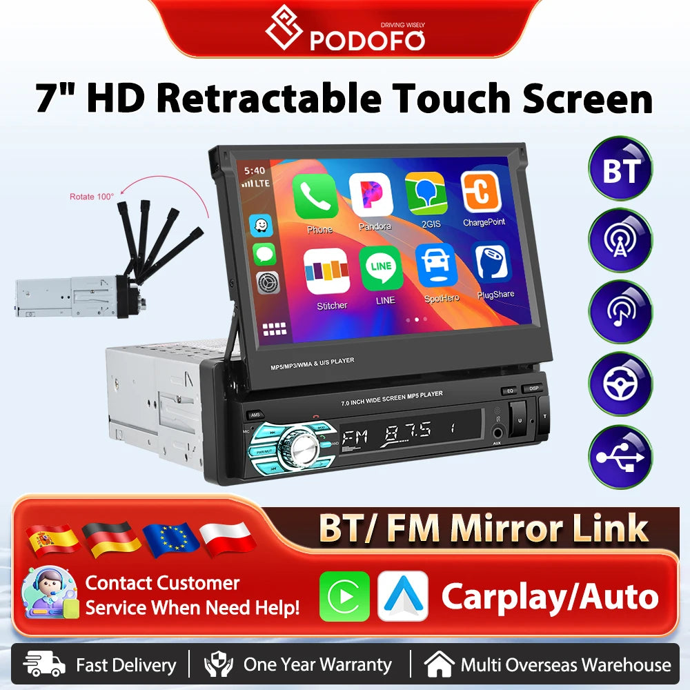 Podofo 1Din — Retractable Screen, CarPlay, Android Auto
