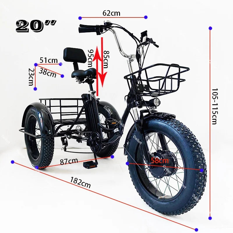 3 Wheel 20 Inch Folding Electric Tricycle Adults Cargo Fat Tire 500w 48v Fatbike Electric Bicycle For Men Removable Battery