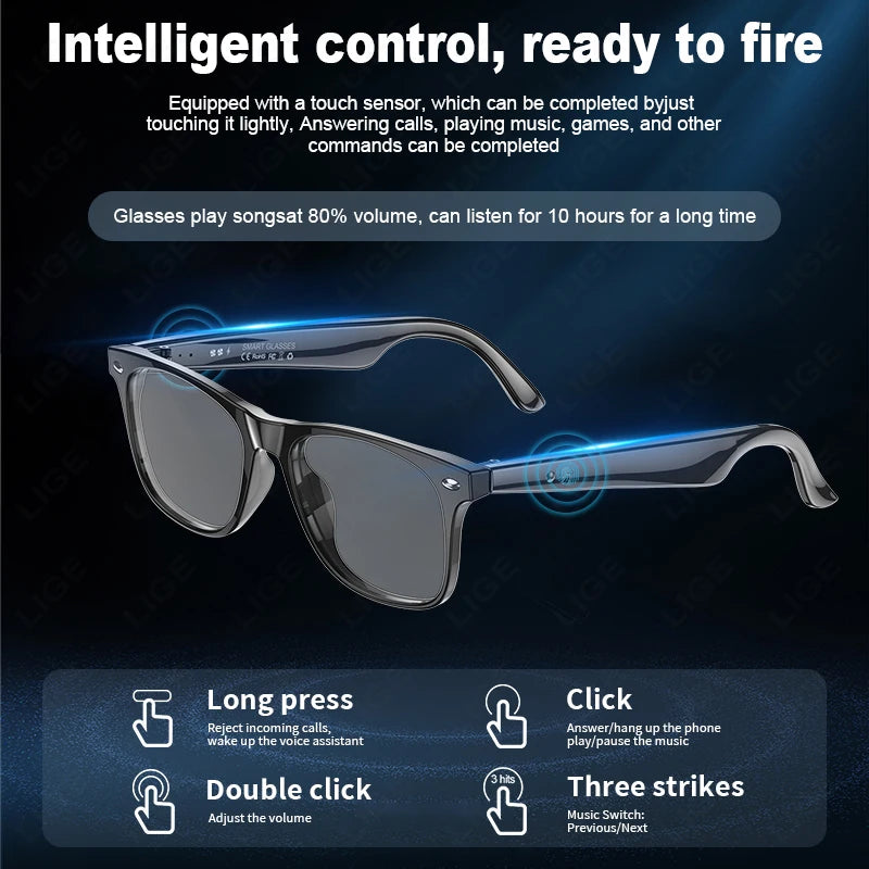 Lunettes Intelligentes LIGE — Bluetooth sans fil, Micro intégré, Contrôle tactile et Traduction