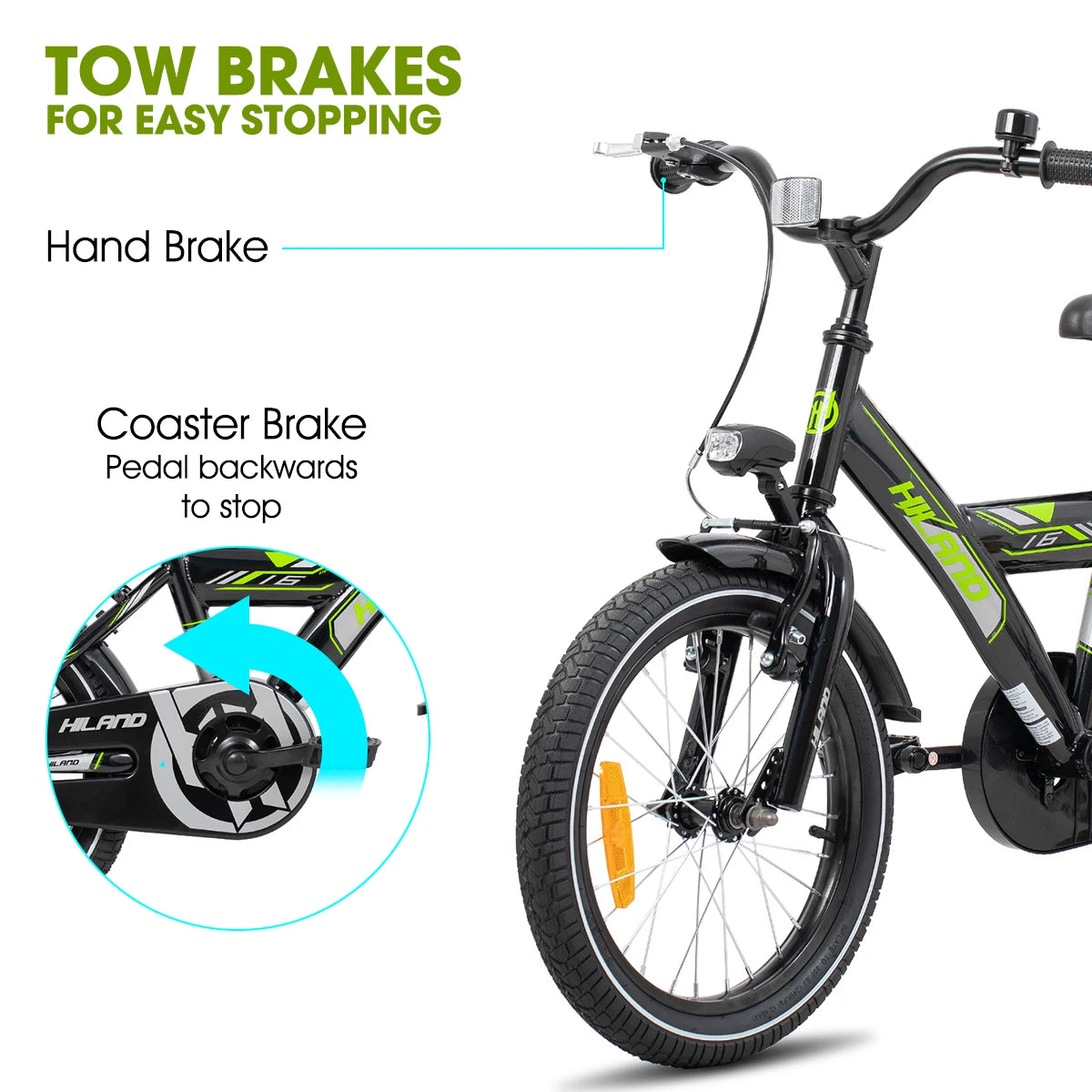 Hiland 16/18 Inch Kids Bike, Bike for Boys and Girls 4-9 Years, Black/White Kids Bicycle with Luggage Rack Stabilisers