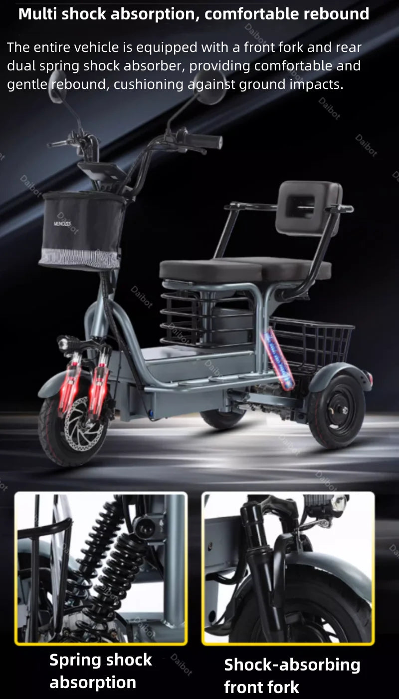 Powerful Parent Child Adult Electric Tricycle 3 Wheel For Elderly 2 Seat 800W Battery Removable Long Range Electric Scooter 60KM