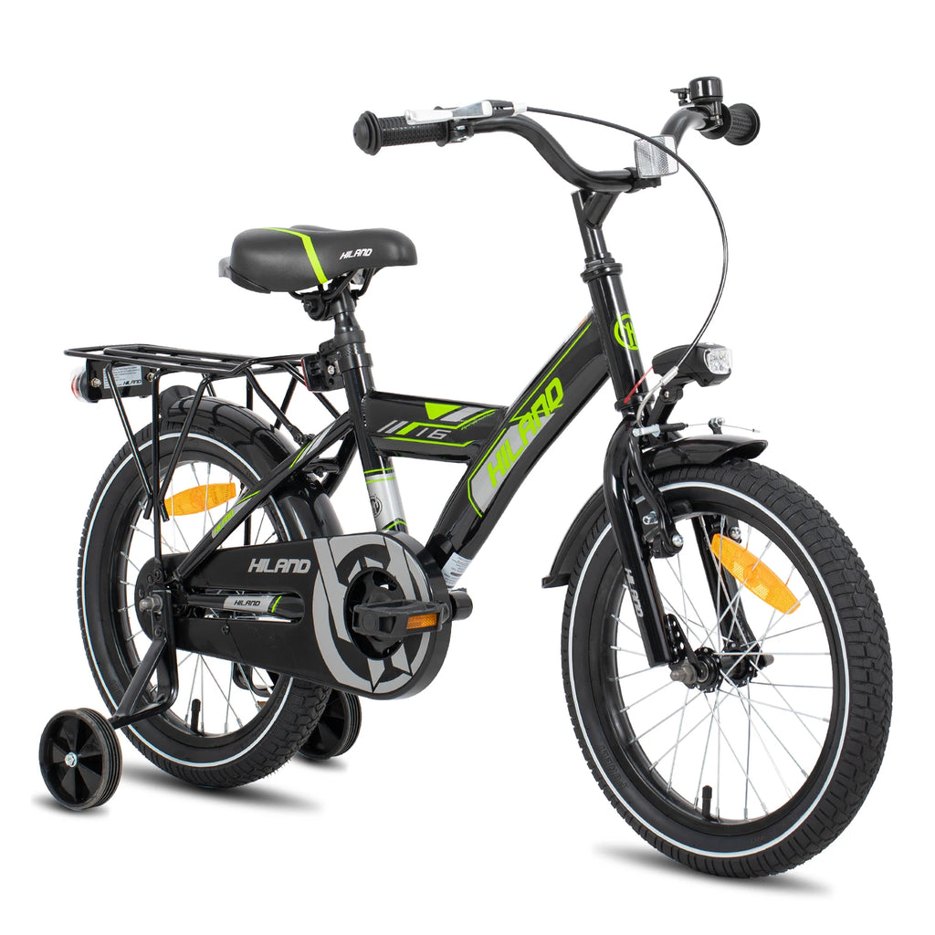 Hiland 16/18 Inch Kids Bike, Bike for Boys and Girls 4-9 Years, Black/White Kids Bicycle with Luggage Rack Stabilisers