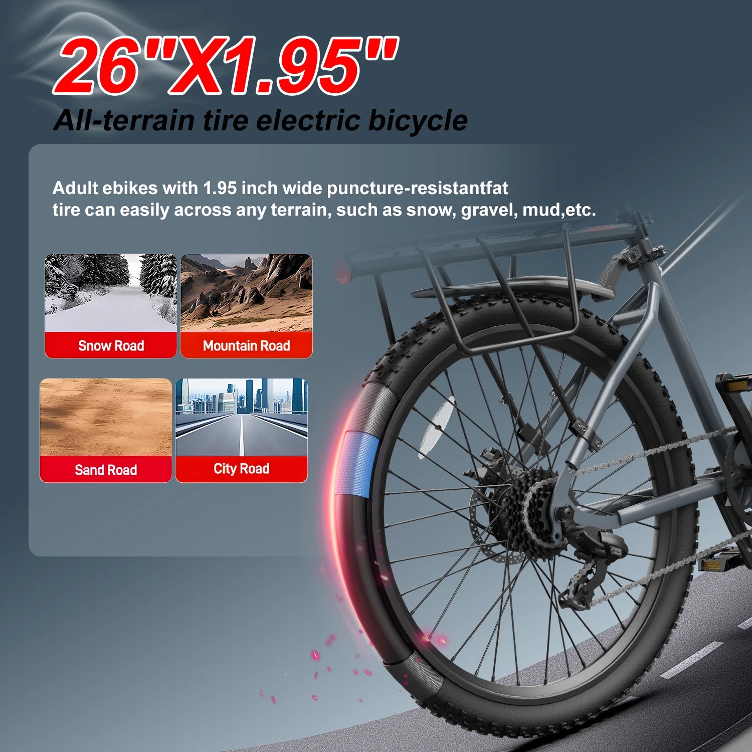 Adult electric bike with a 500W motor, 26x1.95 anti-slip tyres, a 36V 10.4Ah removable battery, a 7-speed gear system, and unisex pedal-assisted electric bike