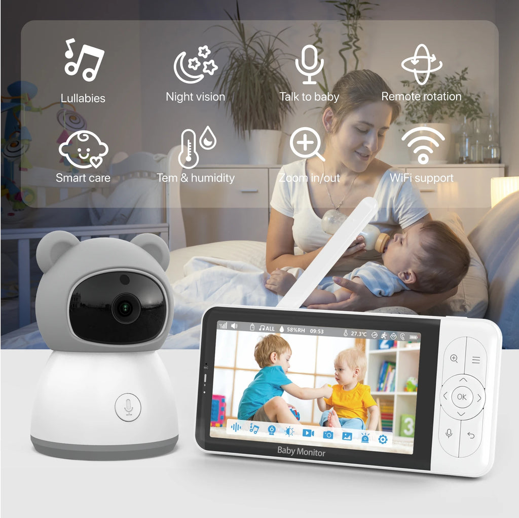 Tuya Smart Babyphone 2K-Kamera 5" 1080P Display Temperaturerkennung APP-Ansichtssteuerung Baby Nanny 2-Wege-Audio Babykamera