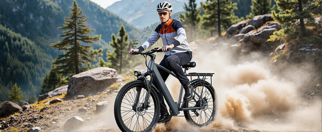Adult electric bike with a 500W motor, 26x1.95 anti-slip tyres, a 36V 10.4Ah removable battery, a 7-speed gear system, and unisex pedal-assisted electric bike