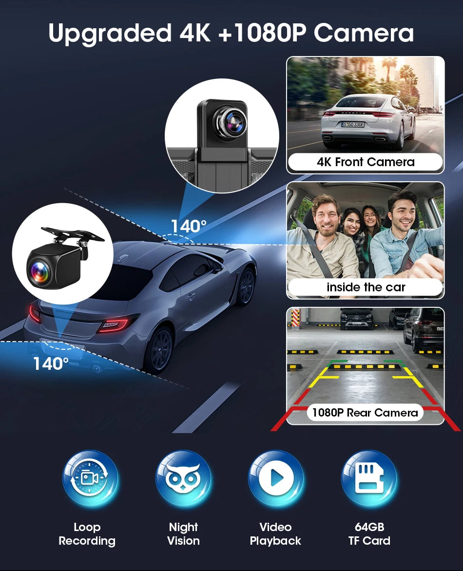 4K Dash Cam — Wireless CarPlay, Dual Lens