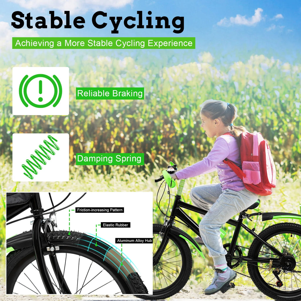 20 Inch Kids Bike Children Bicycle for Boys Girls Ages 8-12 Years Old, MTB Mountain Bike 7 Speed City Bike, GREEB/RED