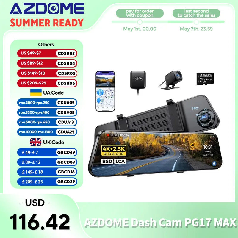 AZDOME PG17 MAX — 4K Dash Cam, GPS, Voice Control