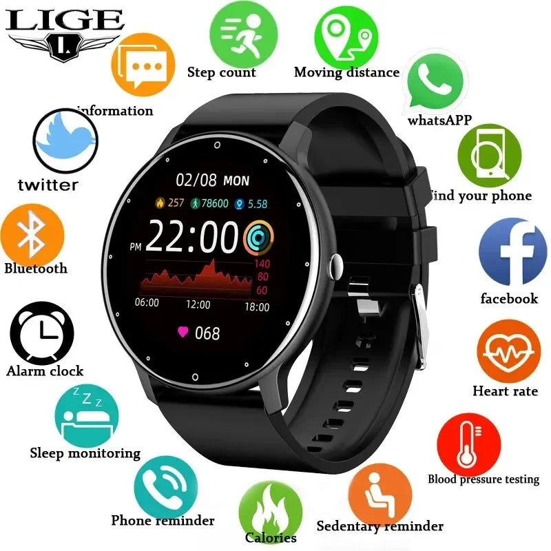 LIGE Montre intelligente Hommes Femmes Écran tactile complet Sport Fitness Montre Homme IP67 Étanche Bluetooth Pour Android IOS Smartwatch Hommes