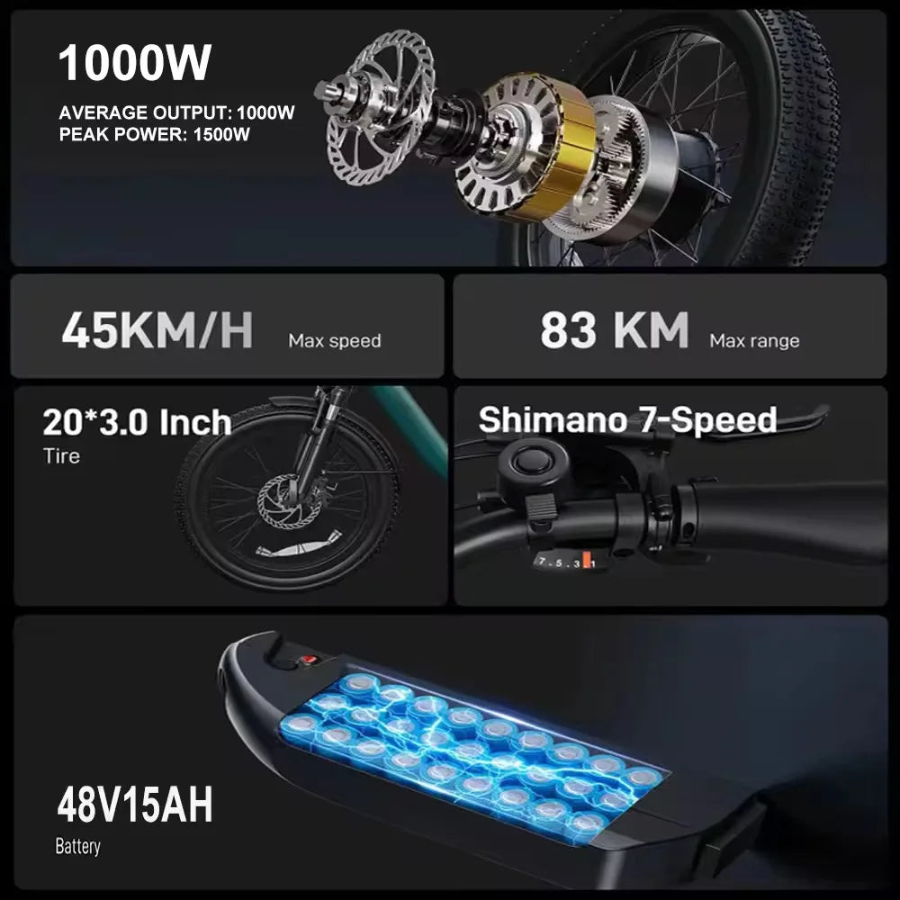 20-inch foldable parent-child riding E-BIKE. 48V13AH removable battery electric scooter, 1000W brushless motor electric bicycle