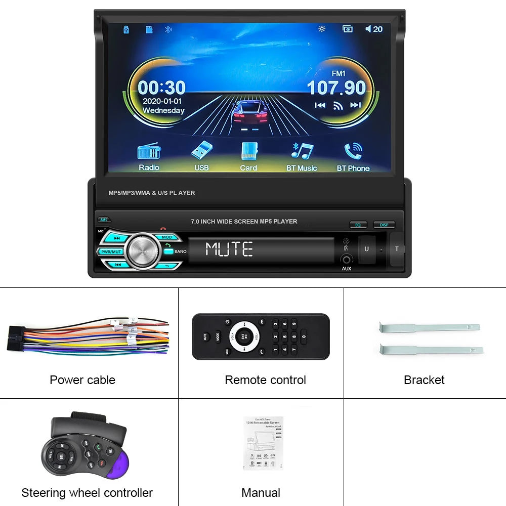 Podofo 1Din — Retractable Screen, CarPlay, Android Auto