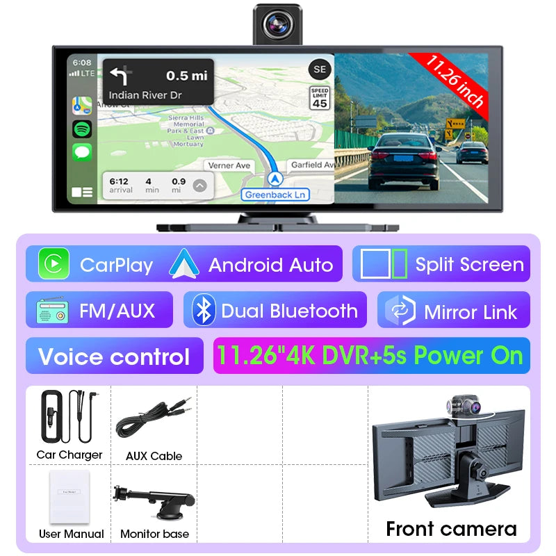 Caméra embarquée 4K — 10/11.26", CarPlay et Android Auto sans fil, DVR double objectif 360°