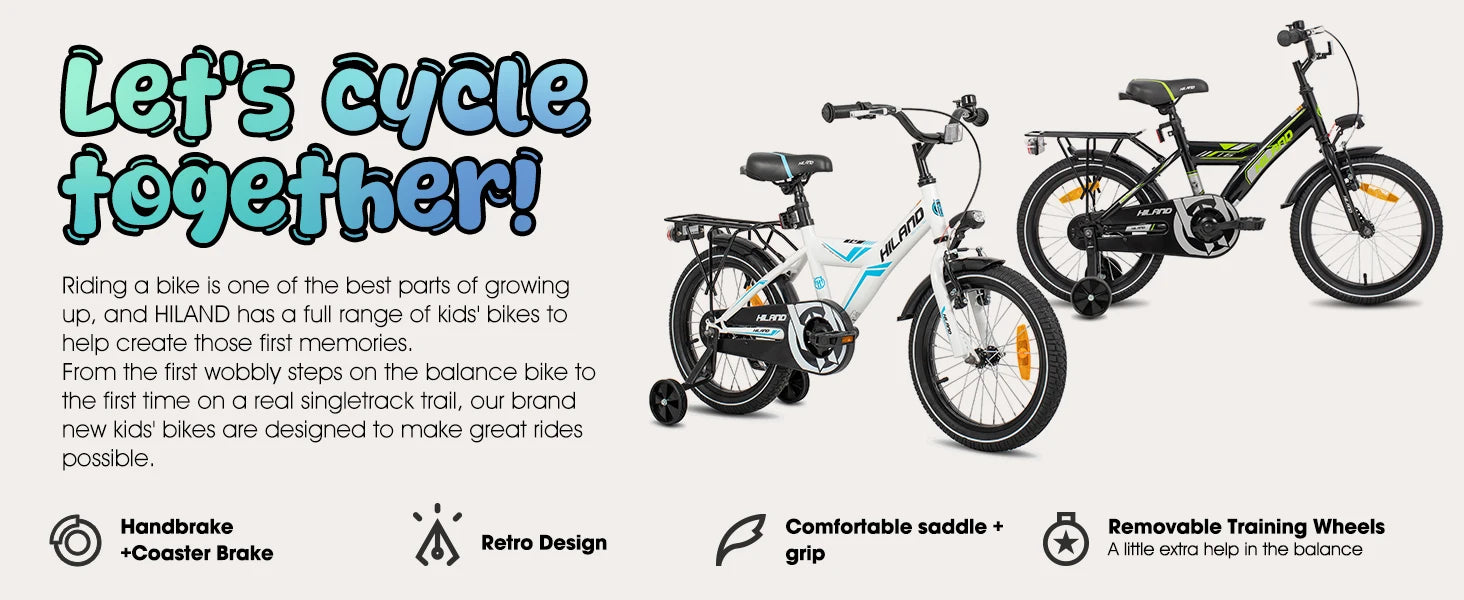 Hiland 16/18 Inch Kids Bike, Bike for Boys and Girls 4-9 Years, Black/White Kids Bicycle with Luggage Rack Stabilisers