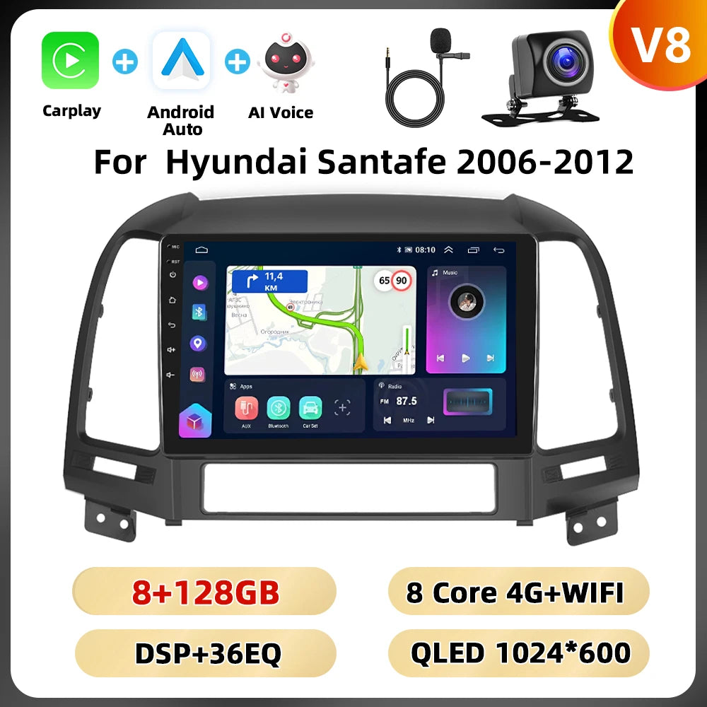 Podofo Hyundai Santa Fe — 8+128G, CarPlay, 4G