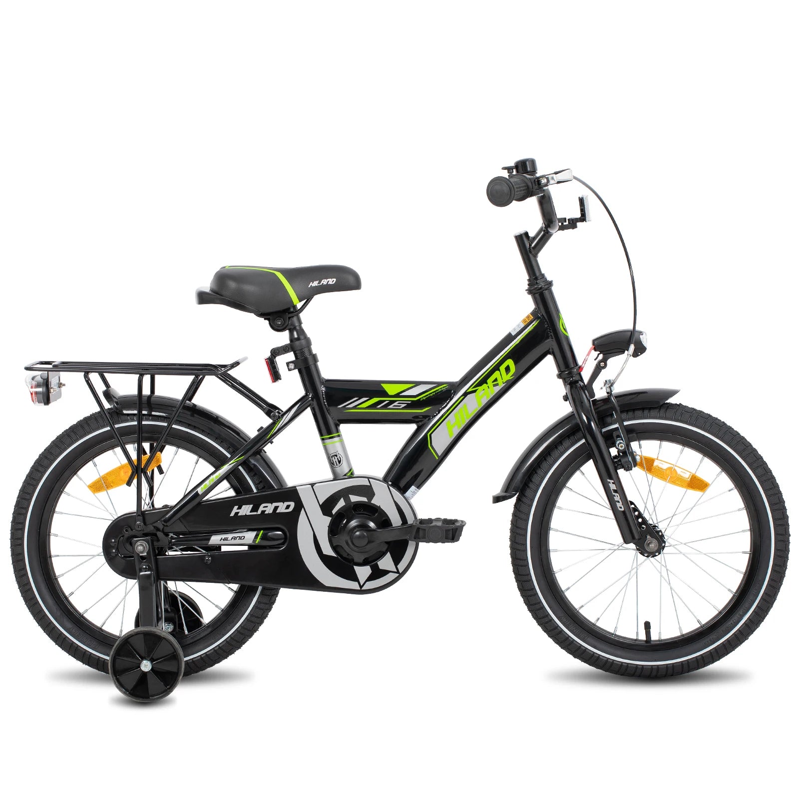 Hiland 16/18 Inch Kids Bike, Bike for Boys and Girls 4-9 Years, Black/White Kids Bicycle with Luggage Rack Stabilisers — available at Teckeleck