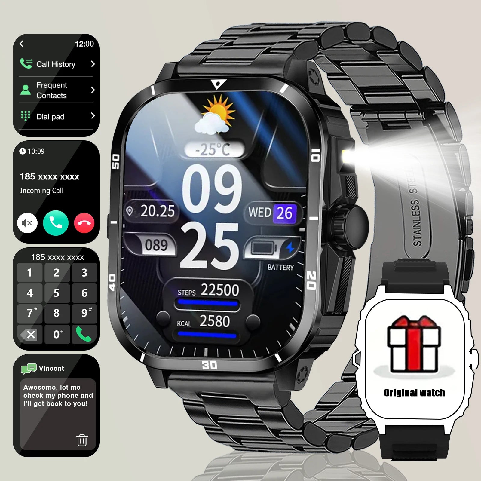 Montre connectée homme 2025 avec appels sans fil, deux bracelets (acier inoxydable + silicone), podomètre, lampe de poche et rappel de messages