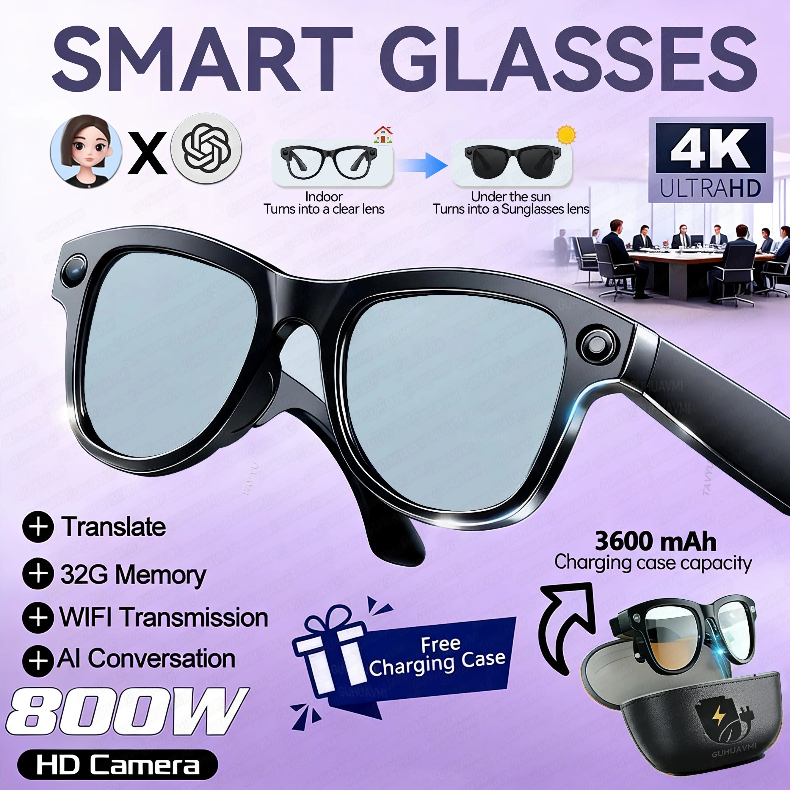 Lunettes connectées IA — Appareil photo 800 MP, batterie externe 3600 mAh, traduction de plus de 100 langues, Wi-Fi