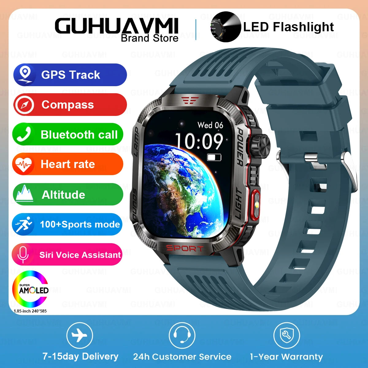 GUHUAVMI Outdoor Watch — AMOLED, GPS, Bluetooth