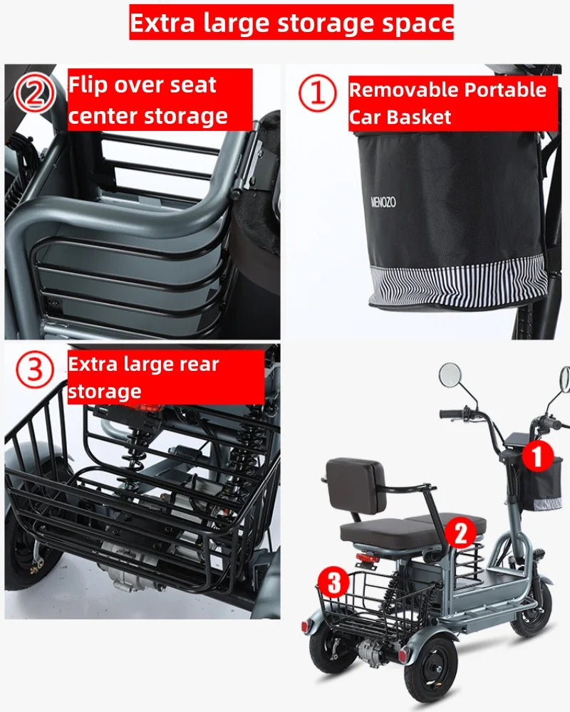 Powerful Parent Child Adult Electric Tricycle 3 Wheel For Elderly 2 Seat 800W Battery Removable Long Range Electric Scooter 60KM