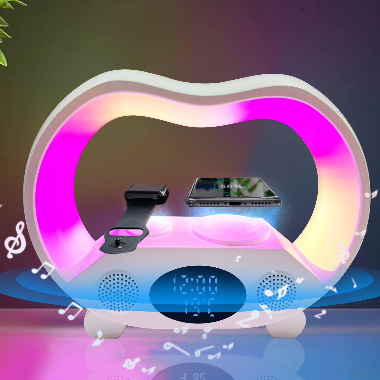 6-in-1 Smart-LED-Tischleuchte – 15W kabelloses Ladegerät, Bluetooth-Lautsprecher, Uhr, 19 Lichtmodi