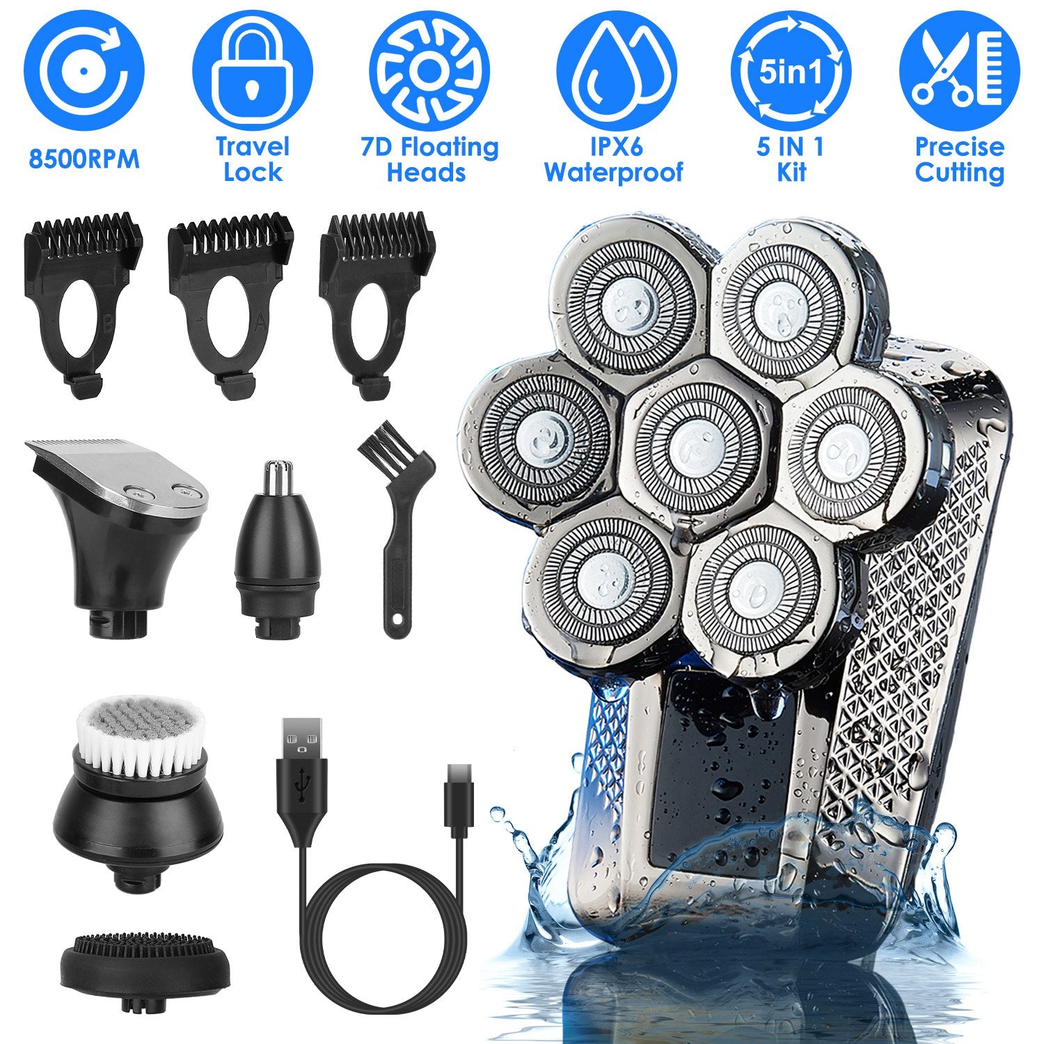 1 rasoir pour homme chauve 5 en 1 7D, rasoir électrique rotatif rechargeable sans fil, kit de toilettage étanche IPX6 pour homme, tondeuse à barbe sèche et humide avec 3 peignes