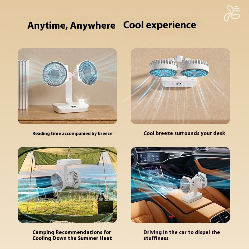 Dual-Head-USB-Ventilator — Bürstenloser Motor mit 4 Geschwindigkeiten, Auto-Oszillation, Fülllicht, extrem leise