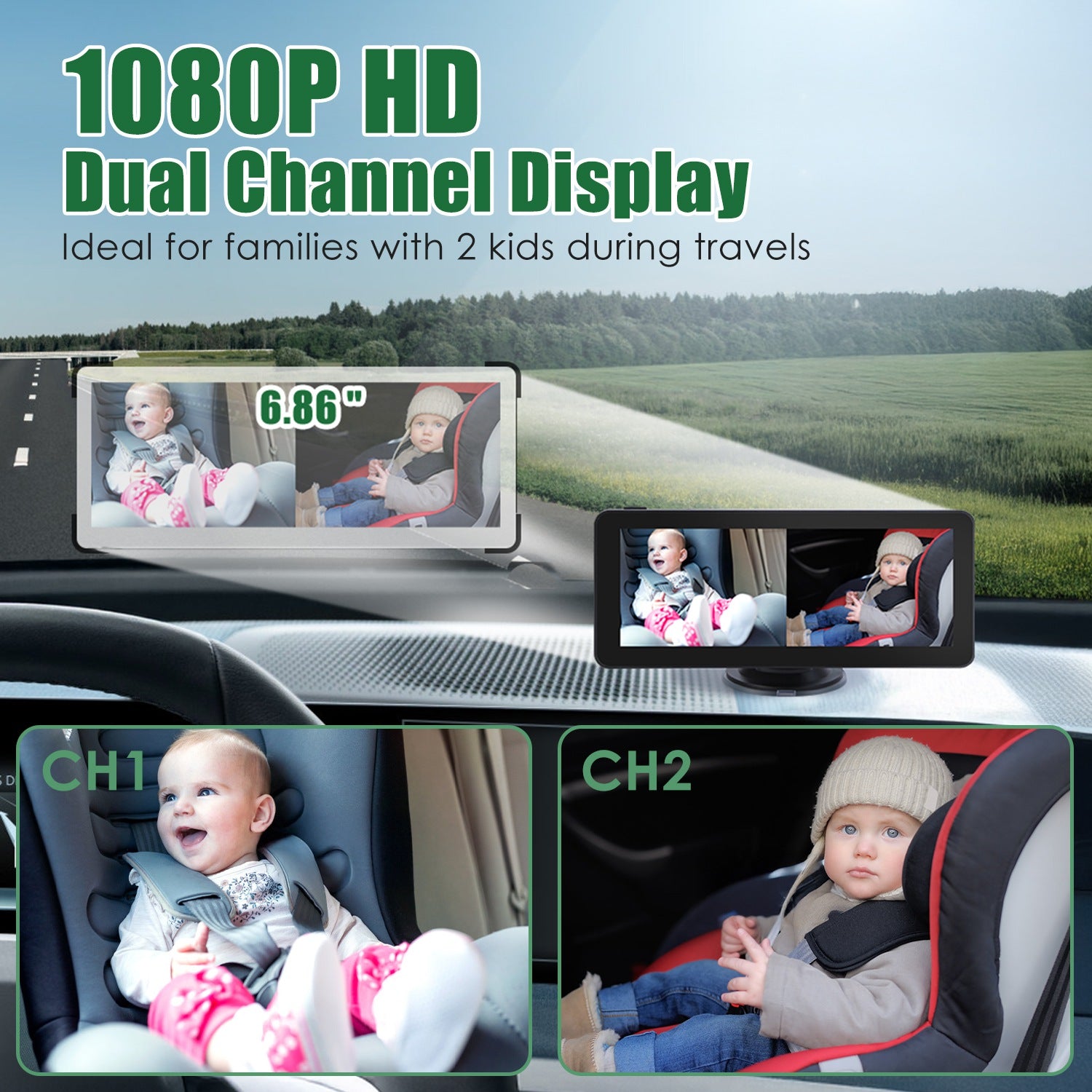 1080P Baby-Autokamera – Dual-Kanal, 6,86" HD-Splitscreen, Nachtsicht
