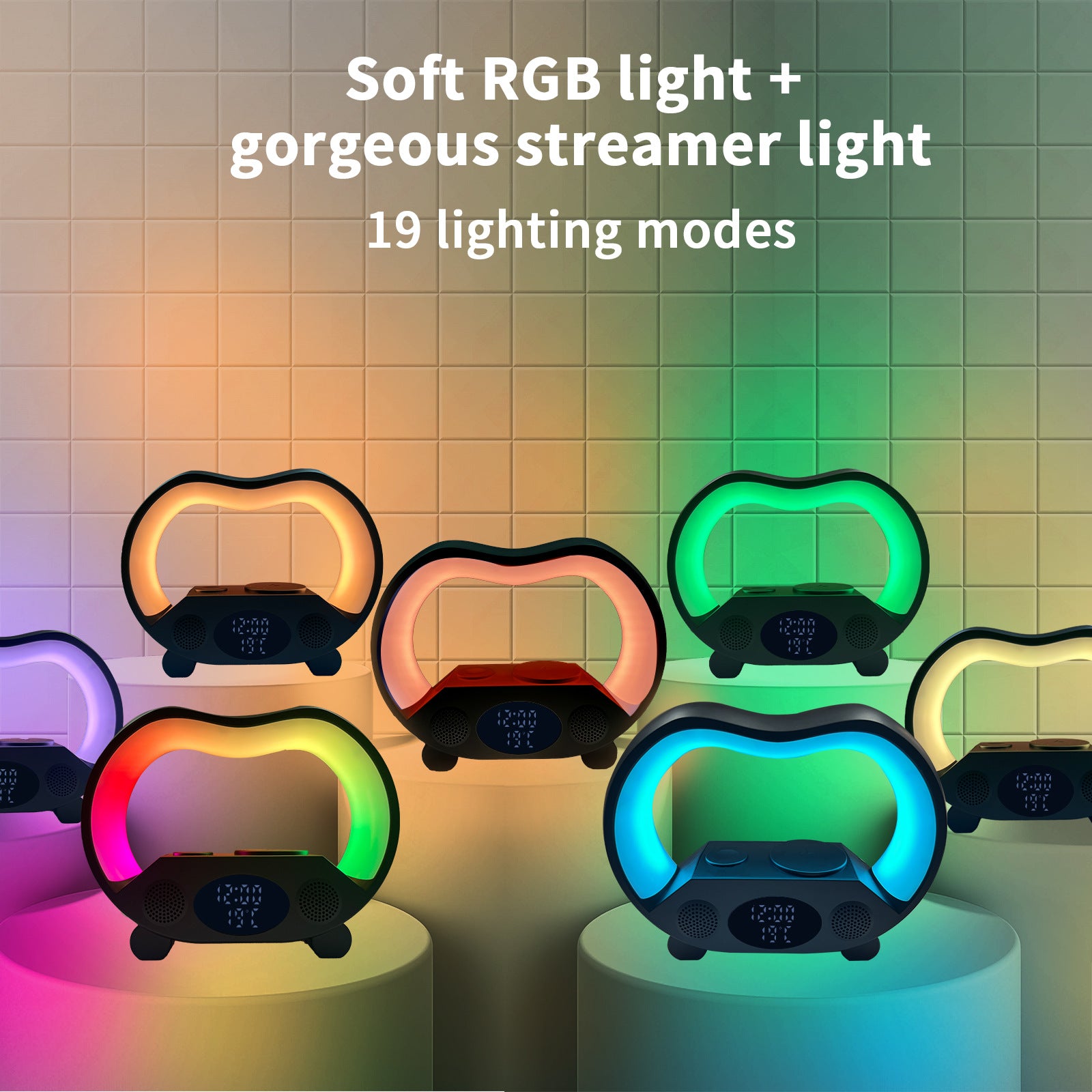 6-in-1 Smart-LED-Tischleuchte – 15W kabelloses Ladegerät, Bluetooth-Lautsprecher, Uhr, 19 Lichtmodi