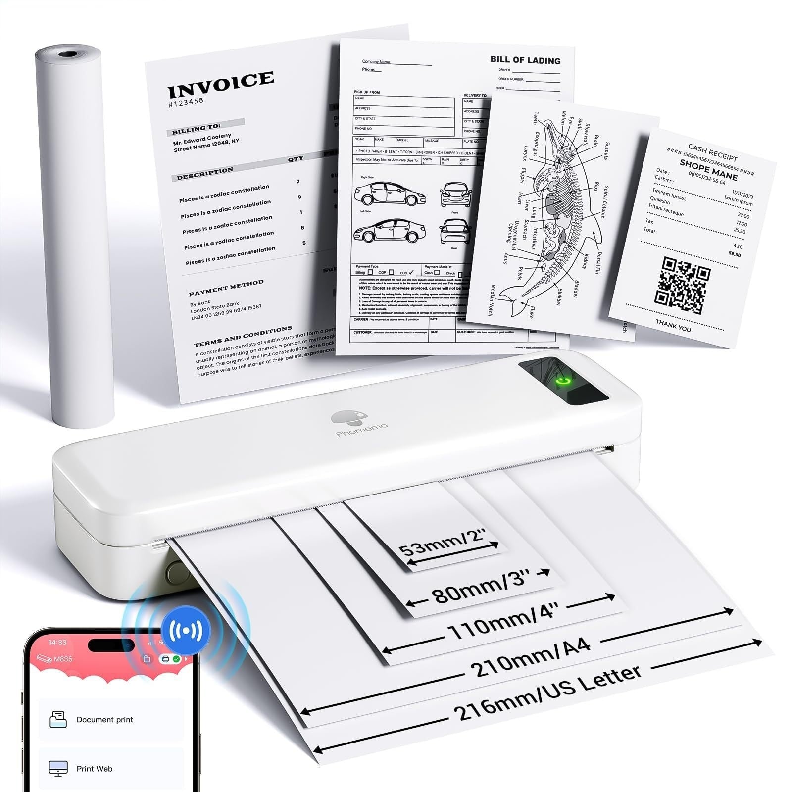 M835 Tragbarer A4 Thermodrucker – Bluetooth, USB-C, Tintenlos