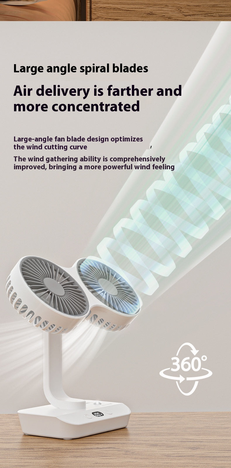 Dual-Head-USB-Ventilator — Bürstenloser Motor mit 4 Geschwindigkeiten, Auto-Oszillation, Fülllicht, extrem leise