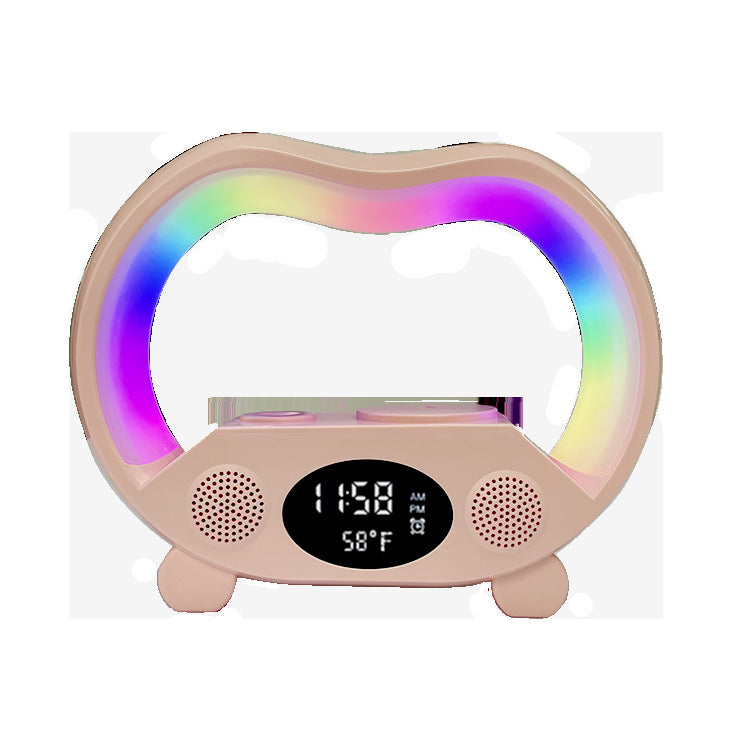 6-in-1 Smart-LED-Tischleuchte – 15W kabelloses Ladegerät, Bluetooth-Lautsprecher, Uhr, 19 Lichtmodi