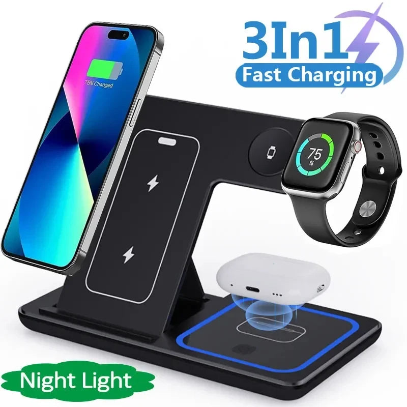 15W 3-in-1 LED Schnelle Kabellose Ladestation Faltbare Ladestation für Smartphone 15 14 13 12 11 IWatch 9 8 7 6 5 Airpods Pro