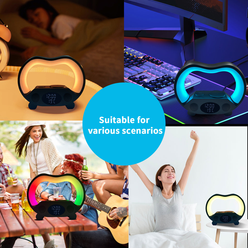6-in-1 Smart-LED-Tischleuchte – 15W kabelloses Ladegerät, Bluetooth-Lautsprecher, Uhr, 19 Lichtmodi