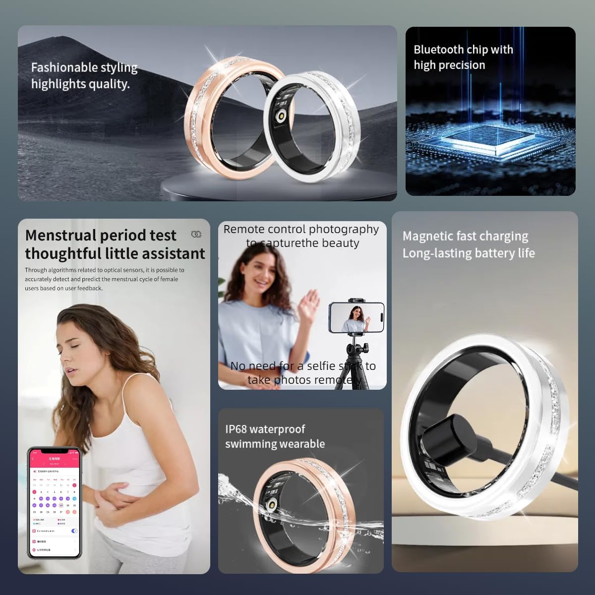 Smart Ring For Women - Heart Rate, Blood Oxygen & Sleep Tracker, Rose Gold, IP68